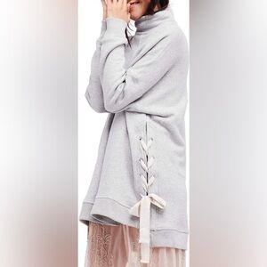 NWT Free People Gray Mock Neck Sweater with Ribbon Details